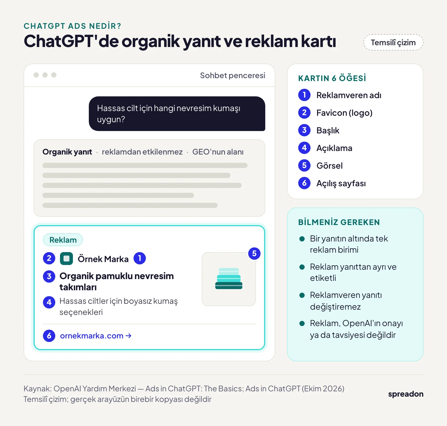 ChatGPT Ads nedir: yanıtın altındaki reklam kartında reklamveren adı, logo, başlık, açıklama, görsel ve açılış sayfası bağlantısı; organik yanıt üstte ayrı durur