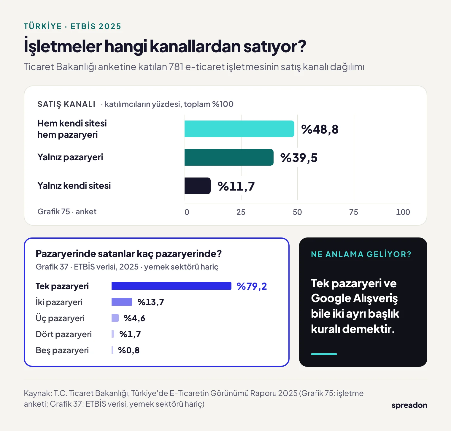 Ticaret Bakanlığı 2025 verisi: satıcıların yüzde 48,8'i hem kendi sitesinde hem pazaryerinde, yüzde 39,5'i yalnız pazaryerinde satıyor; pazaryerinde satanların çoğu tek platformda