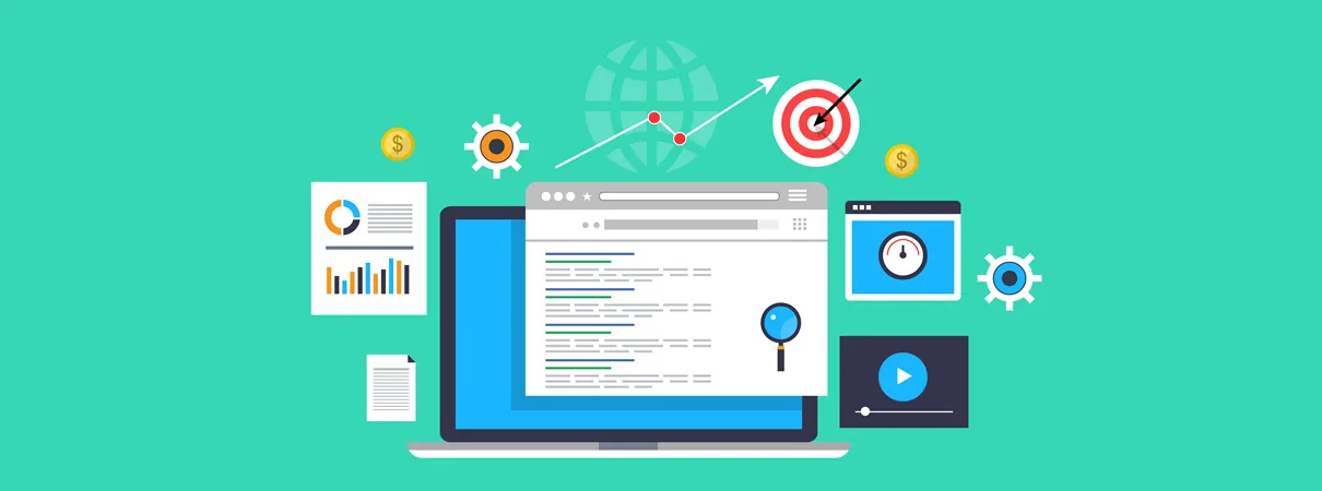 Arama sonuçları sayfası, büyüme grafiği ve hedef simgesiyle SEO çalışmasını anlatan illüstrasyon